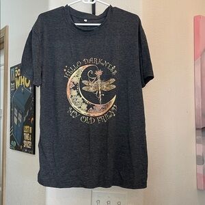 Dark Gray Graphic T-Shirt with Moon and Dragonfly
